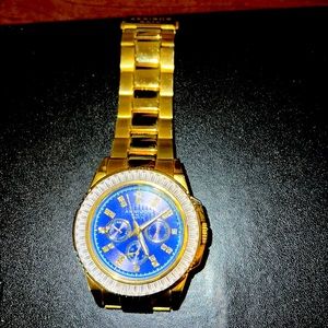 10K Gold Plated Akribos XXIV Crystal Bezel watch w/Diamonds on navy blue Face